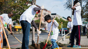 Community members planting a tree